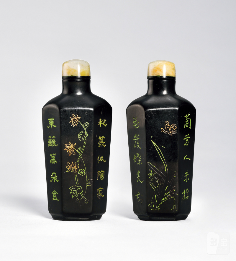 清 炭晶六棱刻花卉诗文鼻烟壶